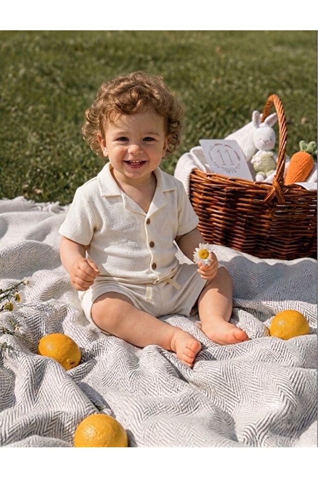 Cotton Waffle Fabric Shirt with Buttons, Summer Shorts Set, Ages 1-5