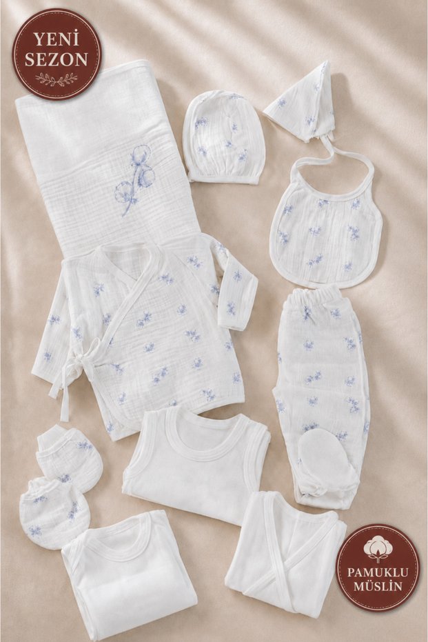 Newborn 10-Piece Muslin Hospital Discharge Set Cotton Seasonal Baby Girl-Boy Bodysuit Set 0-3 Months with Blanket
