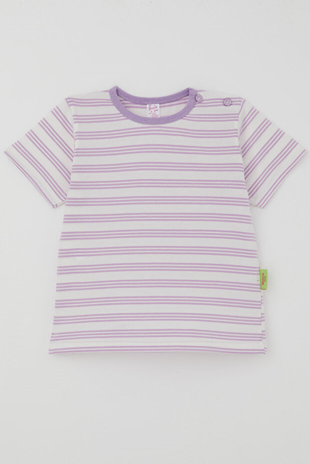 Girl's Short Sleeve T-Shirt with Patchwork Stripes 1-3 Years Old, Lilac