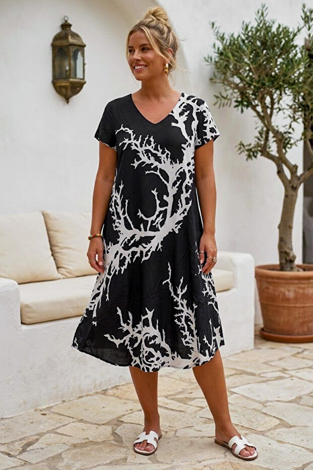 Black-And-White V-Neck Short-Sleeved Patterned Casual Viscose Woven Dress 113 64