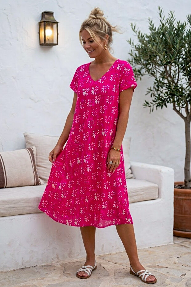 Pink V-Neck Short Sleeve Patterned Casual Viscose Woven Dress 113 64