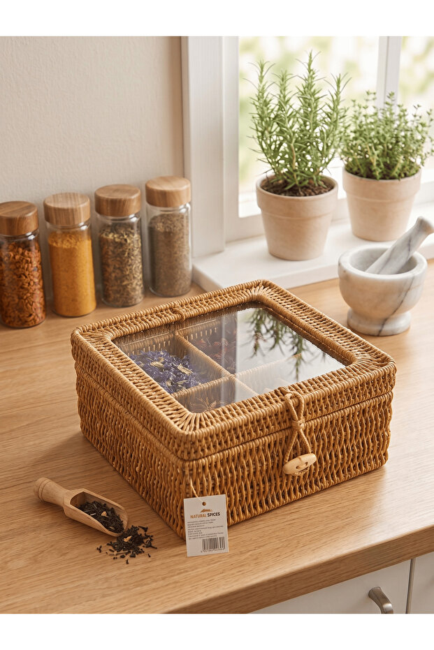 Natural Plastic Knitted Rattan Multi-Purpose Organizer Box with Plexiglass Lid - 4 Compartments for Jewelry, Tea, and Spring Supplies