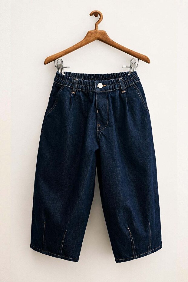 Unisex Children's Comfortable Navy Blue Jeans with Elastic Waist