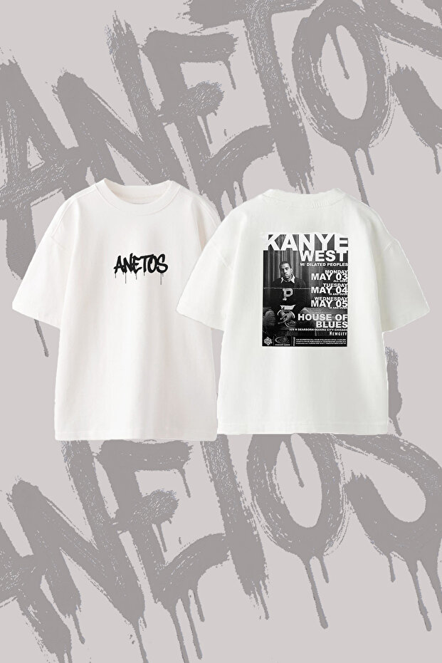 تي شيرت Kanye West_14 ذو تصميم مطبوع وياقة دائرية كبيرة الحجم باللون الأبيض