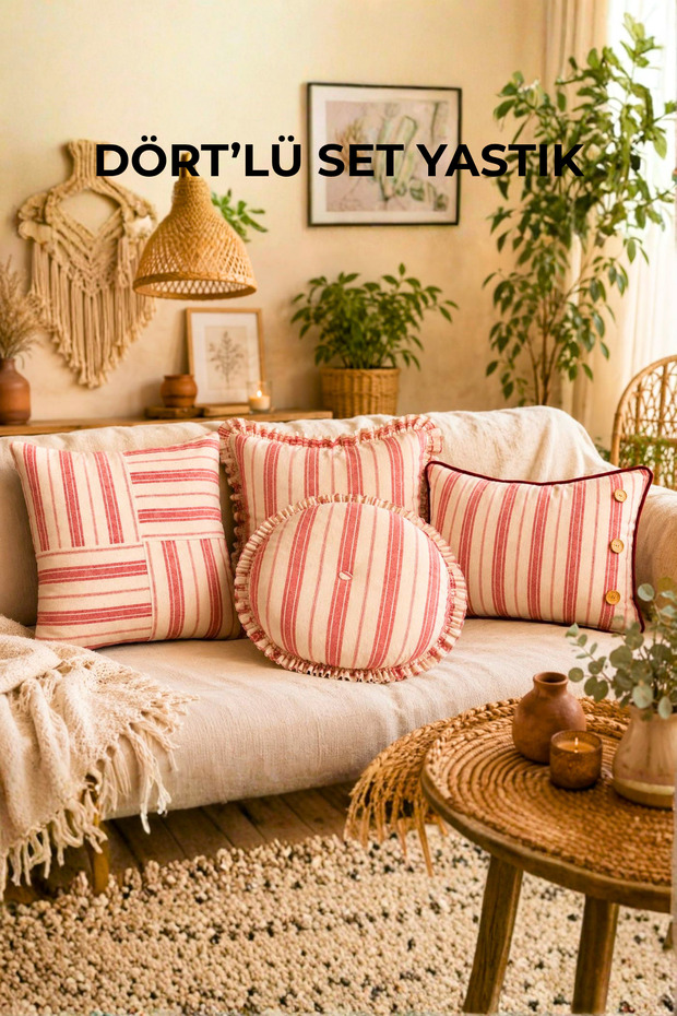 Set of 4 Silicone Filled Linen Throw Pillows |   Patchwork, Ruffled, Wooden Buttoned, and Round Decorative Pillow