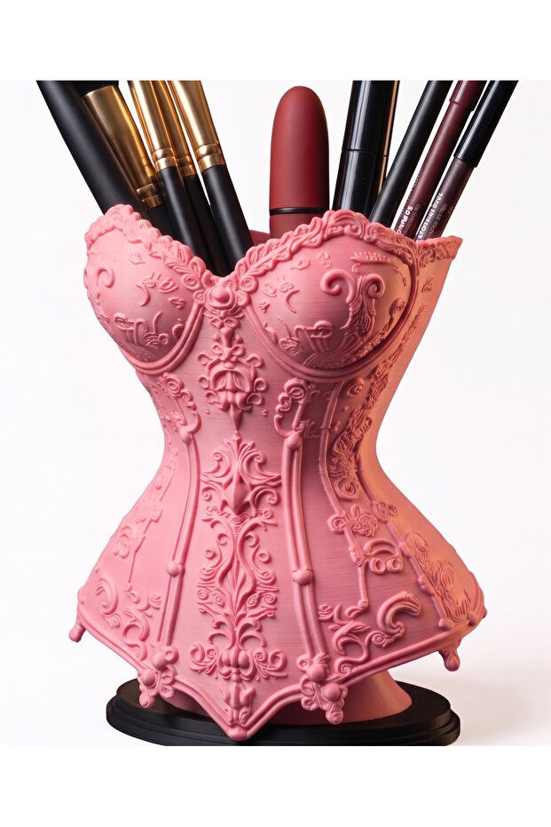 Decorative Red Corset Design Makeup Organizer - Brush Holder, Pen Holder, and Multi-Purpose Accessory Box