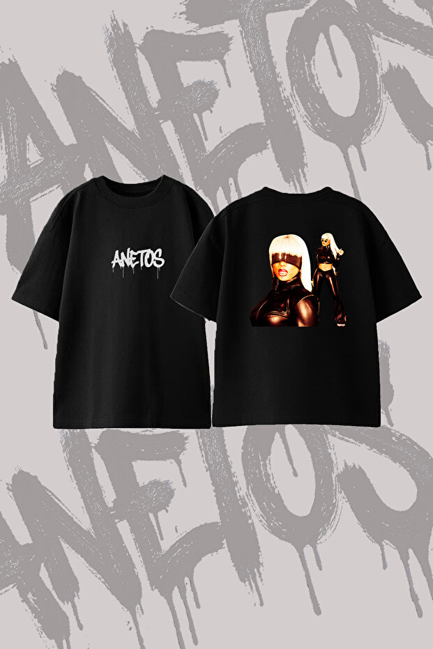 Masked Leather Women's Design Printed Oversize Crew Neck T-Shirt Black