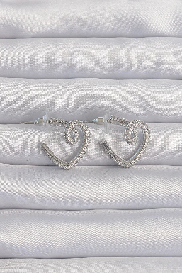 Brass Silver Color Zircon Cubic Zirconia Curved Half Heart Earrings