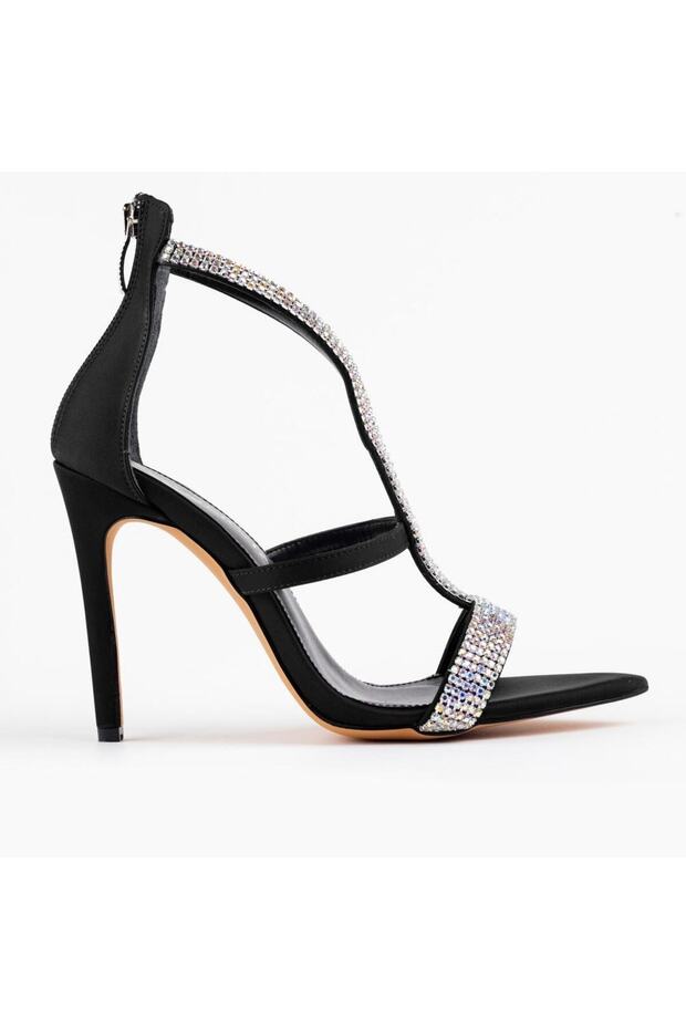 Women's Black Stone Striped T-Strap Pointed Toe Thin High Heel Evening Dress Shoes