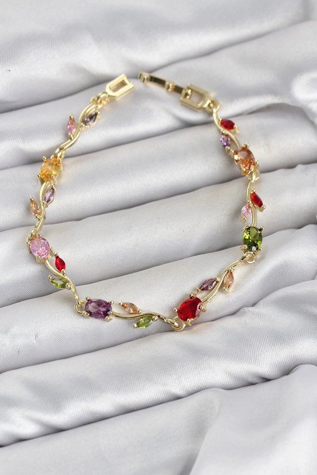 Brass Gold Color Mix Color Zircon Stone Flower Model Women's Bracelet