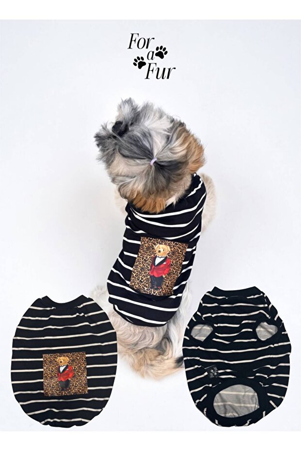 Black and White Striped Leopard Pattern and Teddy Bear Print Dog T-Shirt Cat T-Shirt Extra Soft Dog Apparel
