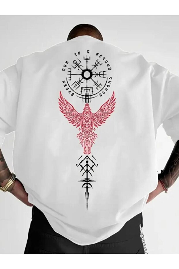 Valhalla Pusulasi Sirt Printed 100% Cotton Crewneck Large Size Men's T-Shirt