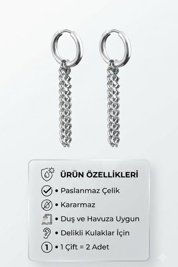 Unisex Silver Color Steel Hoop Earrings Chain Dangle Earrings