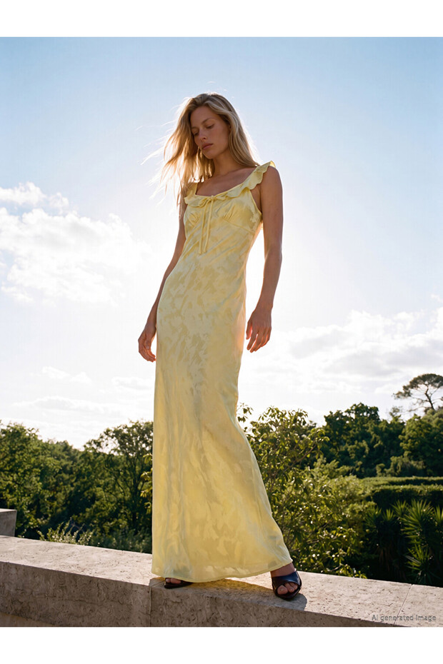 Esvab • Modern & Distinctive Ruffled U Roba Collar Embroidered Satin Evening Dress