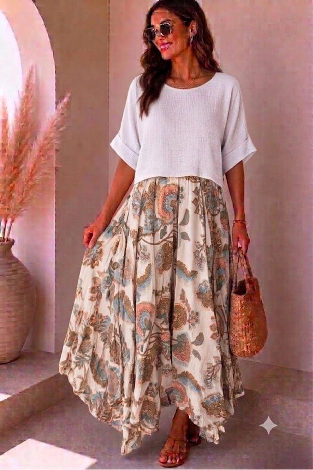 Women's Italian Patterned Strappy Dress with Detachable Blouse