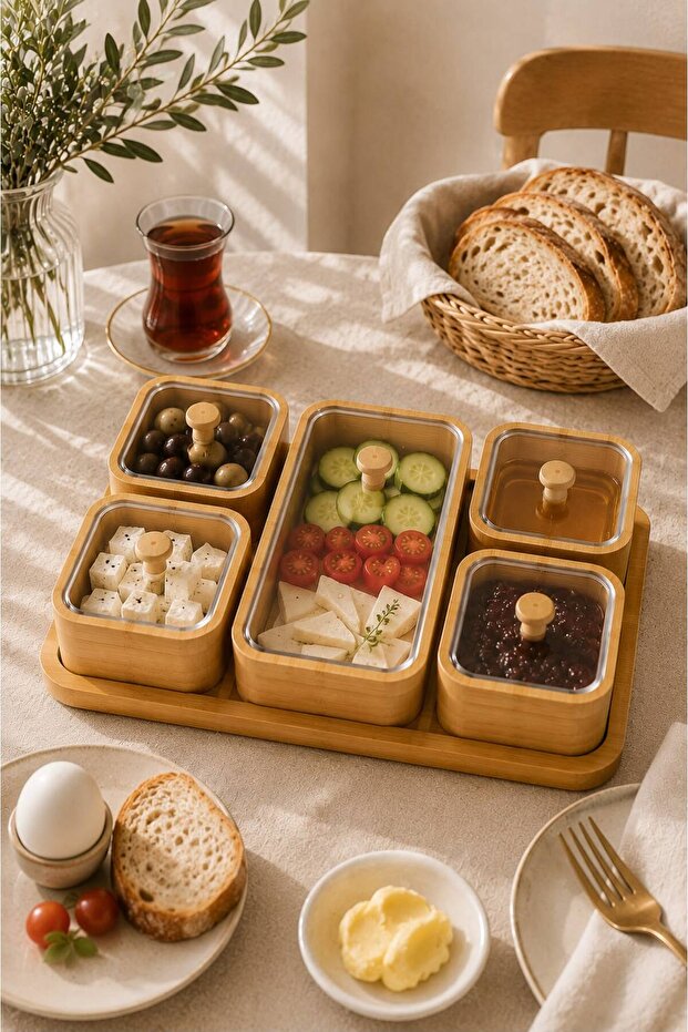طقم إفطار من الخيزران مع غطاء، 5 قطع | وعاء للجبن، وعاء للمربى، وعاء للزيتون، وعاء للوجبات الخفيفة، منظم لوجبة الإفطار