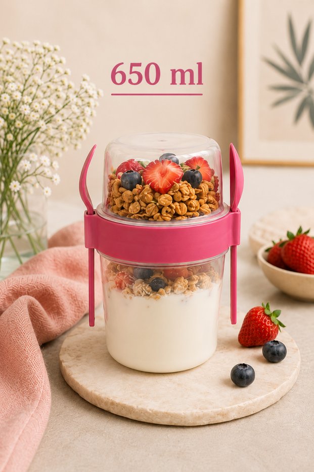 650 ml Dual Compartment Yogurt and Granola Container, Muesli Container with Spoon and Fork, Salad and Breakfast Storage Container, Leak-Proof, Bpa-Free