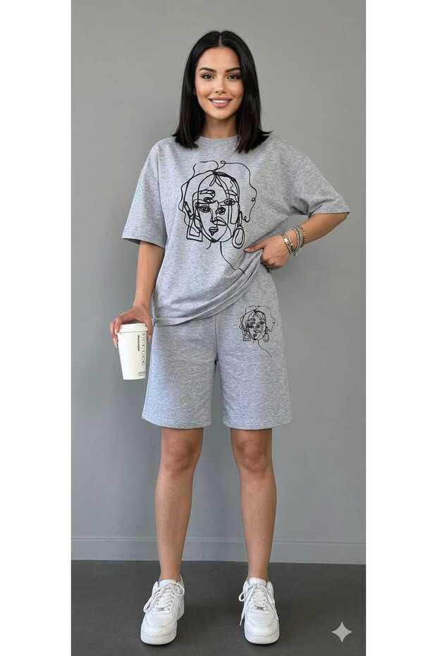 T-Shirt Shorts 2-Piece Combination Thin, Sweat-Absorbing Summer Women's Face Printed Women's / Girls' Model