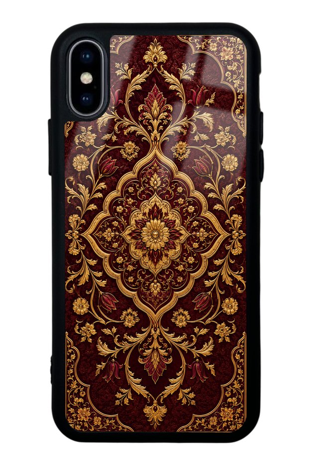 iPhone X Burgundy Glossy Phone Case with Ottoman Gold Design