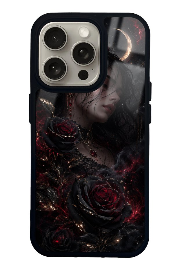 iPhone 15 Pro Glossy Phone Case with Crimson Moon Rose Design