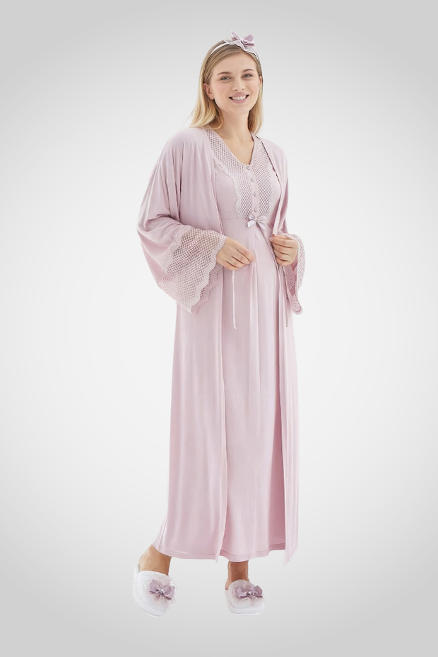 V-Neck Robadan Cutout Maternity Nightgown and Dress Set of 2, Front Buttoned Breastfeeding Dress Set