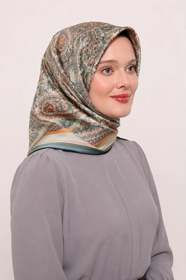 Cotton Silk Scarf Ethnic Patterned Ls2205 01-Beige-Orange-Khaki