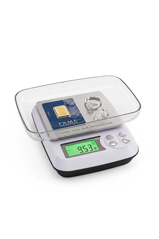 Gripit Jewellery Weighing Scale 1000g x 0.01g – High Precision Digital Gold Weight Machine with Backlit LCD Display for Shops, Labs & Kitchens, Stainless Steel Platform (White)