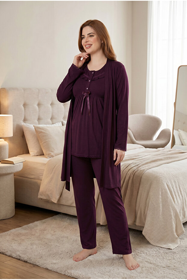 Women's Plum Maternity Pajama Set with Ruffle Detail, 3-Piece Pajama Set