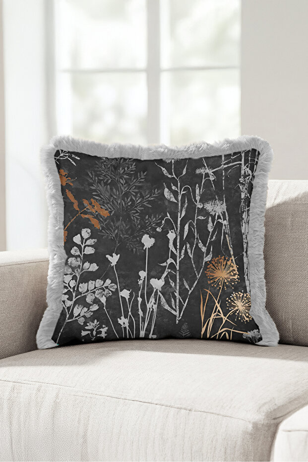 Elegant Fringed Pillowcase with Botanical Floral Motifs - Nature Anthracite Grey Cream Tassel Throw Pillow Cover