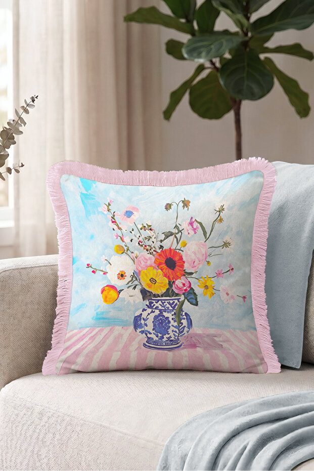 Pastel Decorative Fringed Pillowcase with Floral Vase - Artistic Bohemian Pink Tassel Throw Pillow Cover