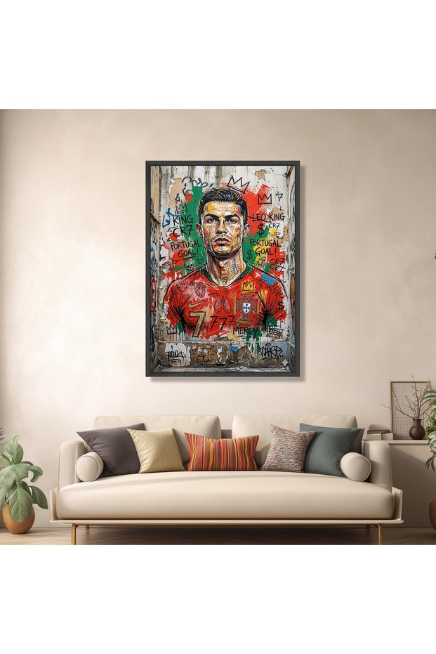 30x40 cm Cristiano Ronaldo CR7 Graffiti Art | Black Floating Frame Portugal Jersey Wall Art | King CR7 Street Art Canvas Print | Football Decor for Living Room