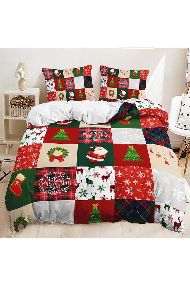 Lunoroey Christmas Bedding Duvet Cover Set Kids Boys Girls Santa Christmas Tree Reindeer Print Plaid