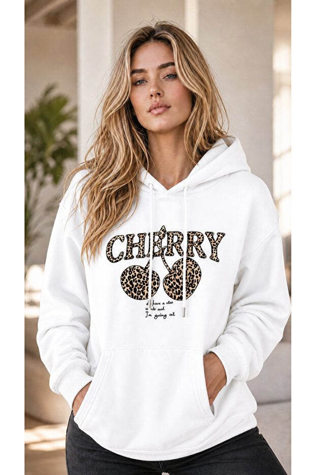 Women's Leopard Patterned Cherry Figured Cherry Written Kangaroo Pocket Hooded Sweatshirt
