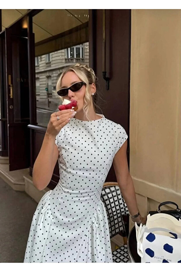 Women's Polka Dot Patterned Boat Neck Draped Dress