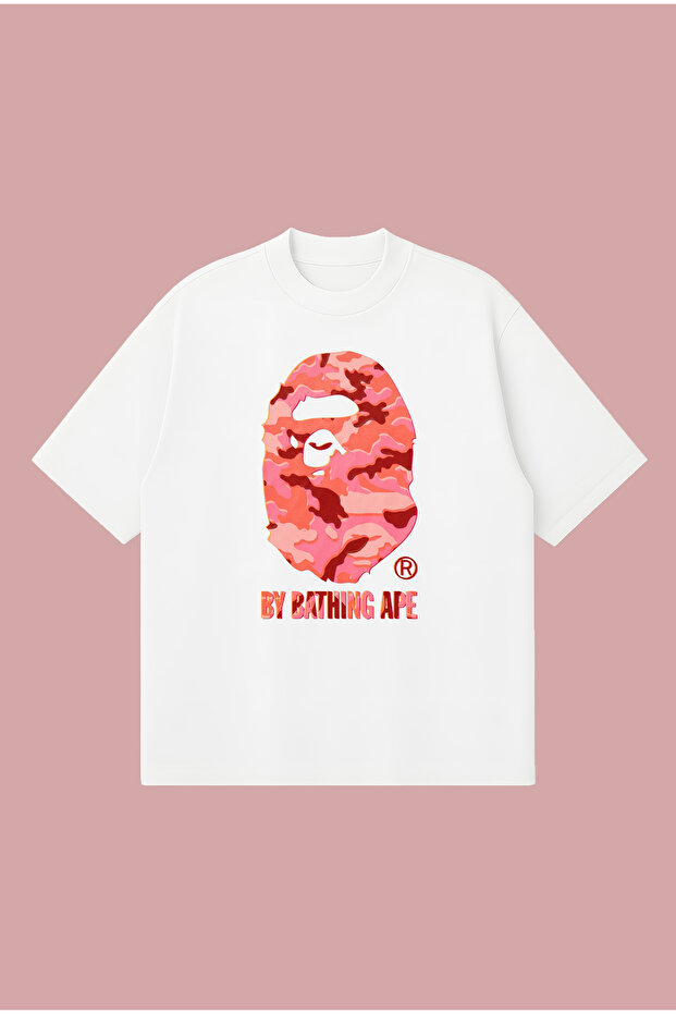 Pink Glitch Bape Printed Oversize Boxy Cut Unisex 100% Cotton Tshirt | Streetwear