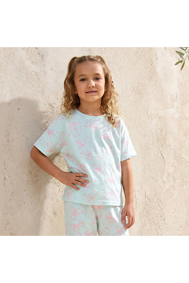 Crew Neck Short Sleeves T-shirt with Bow Print
