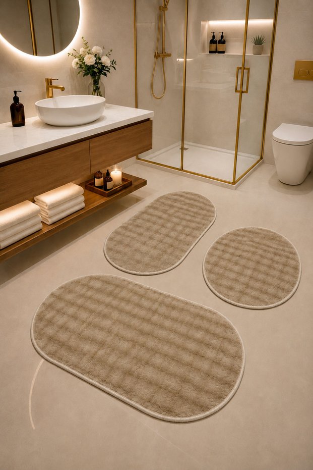 Bubble Embossed Bath Rug Washable Color Beige Set of 3 Non-Slip Base Without Fringe 60X60(Round) 50X80(Oval) 60X100(Oval)