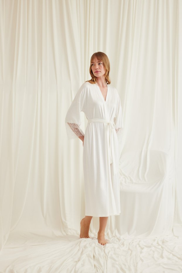 Ecru Long Dressing Gown, Women's Lace Viscose One-Piece Dressing Gown, Gauzy Robe Sleepwear, Stylish Sleepwear, White Luxury Dowry Dressing Gown