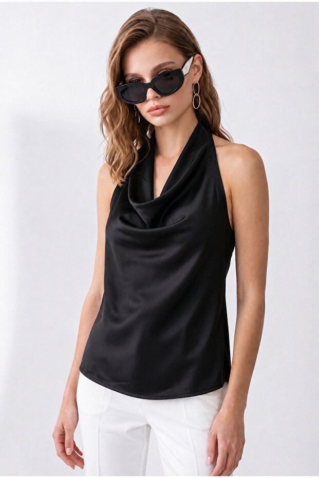 2182 Women's Degaje Collar Satin Look Shiny Sleeveless Blouse Black