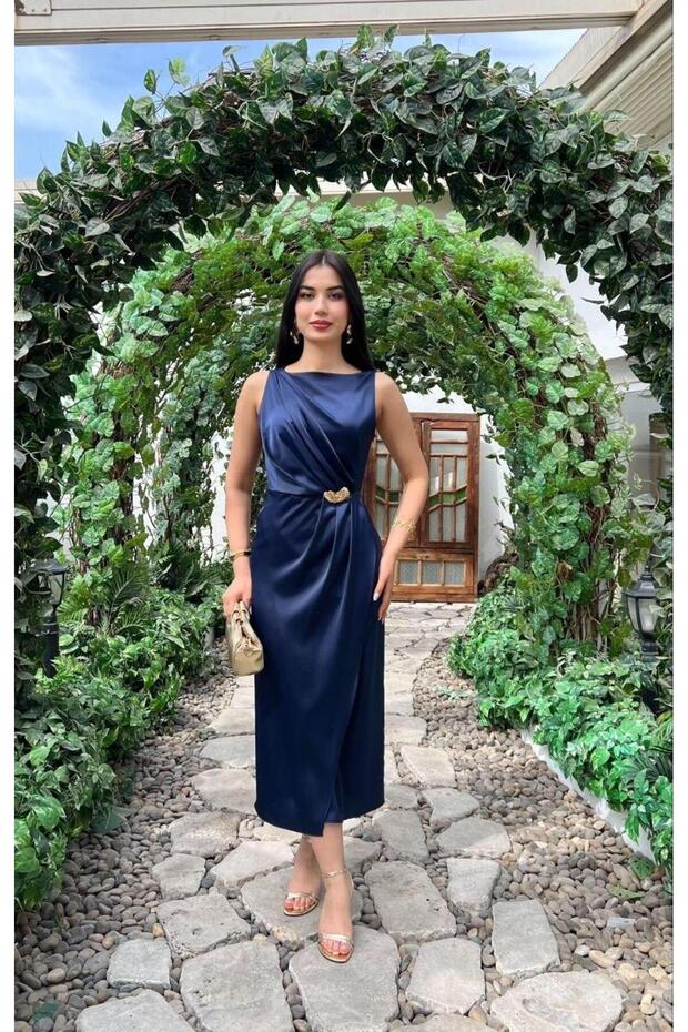 Satin Buckle Long Evening Dress - Tight Fit