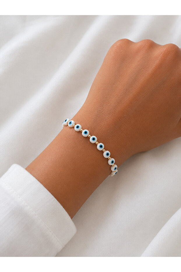 White Evil Eye Beaded Adjustable Gold Chain Detailed Women's Bracelet