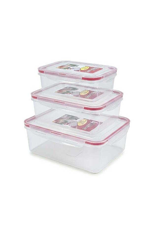 Clear Plastic Food Storage Containers Set of 3, Rectangular, Airtight Locking Lids, Kitchen Organiser