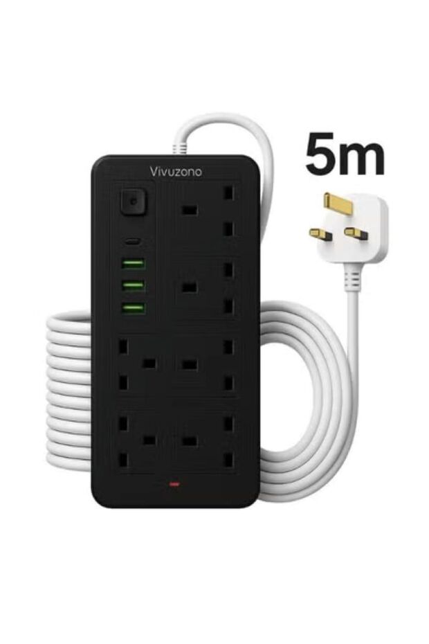 5 Metre Black Extension Board 6 Sockets 3 USB & Type-C, 2500W, 10A, Surge Protection
