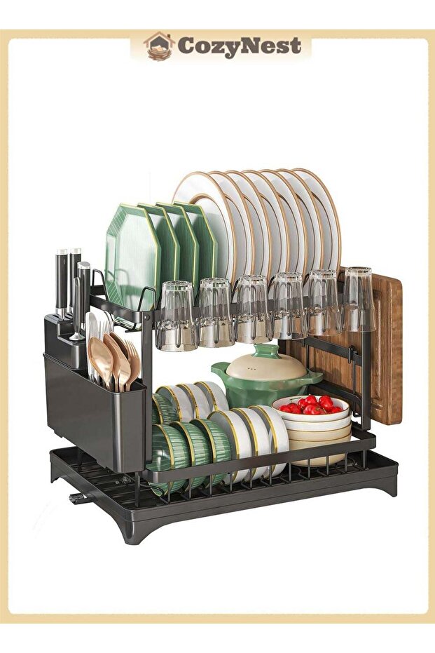 CozyNest Large Dish Drying Rack, 2-Tier Stainless Steel Kitchen Organizer with Utensil Holder, Cutting Board Rack & Drainage System, Black Dish Rack for Countertop