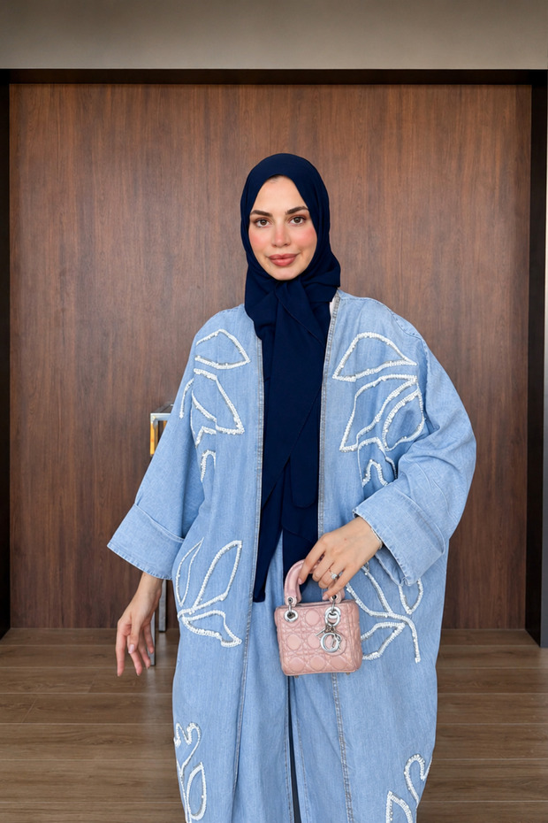 Women's Sequin Embroidered Bat Sleeve Denim Kimono Cardigan Bottom Top Set