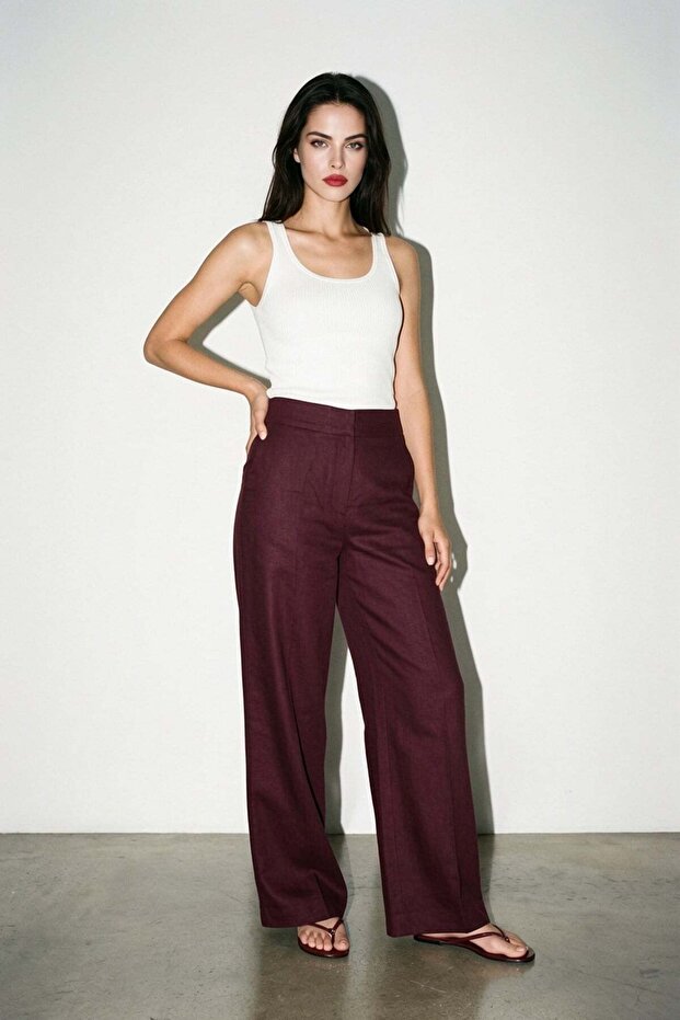 Burgundy 100% Linen Comfortable Cut Trousers with Pocket Detail