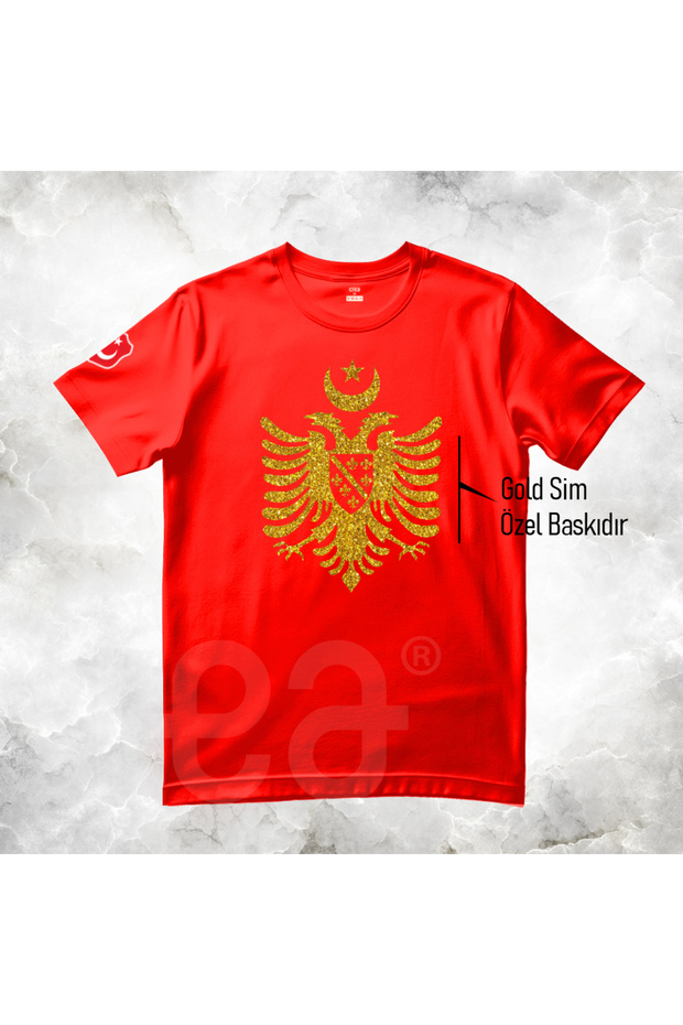 Turkish-Albanian-Bosnian Design Gilded Printed Cotton Crew Neck T-Shirt Red - Red