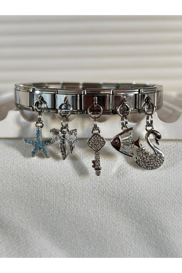 New Season Star Ribbon Key Fish Swan Charm Steel Italian Bracelet