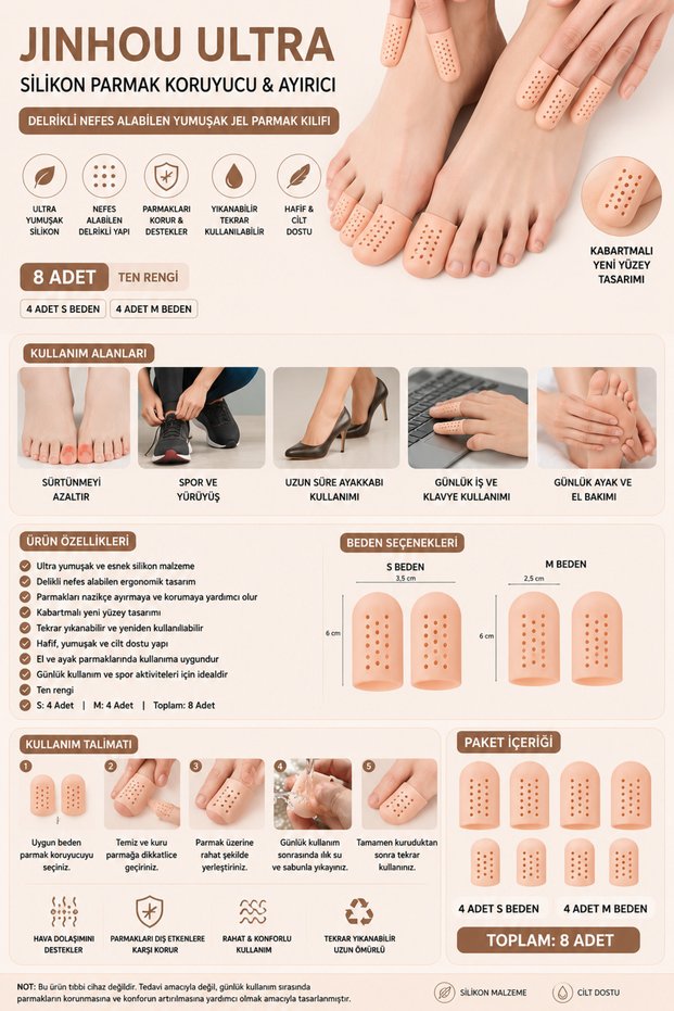 Jinhou Ultra Silicone Toe/Hand Finger Protector & Separator – Perforated Breathable Soft Gel Finger Sleeve | Washable Again and Again | 8 Pieces (S: 4, M: 4) | Skin Color