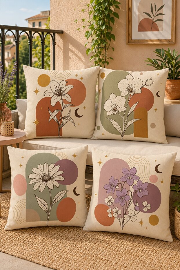 Abstract Themed Flowers Patterned 4-Piece Throw Pillow Cover Set